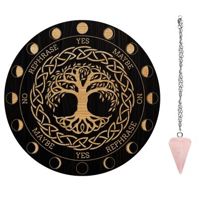 AHANDMAKER 7.8" Witch Star Pendulum Board, Wooden Dowsing Planchette with Rose Quartz Crystal Dowsing Pendulums Witchcraft Divination Tools for Spirit Altar Decoration - Tree of Life