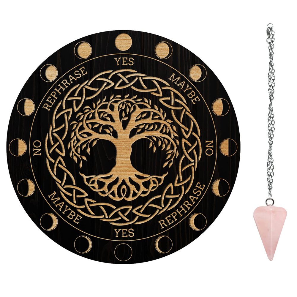 AHANDMAKER 7.8" Witch Star Pendulum Board, Wooden Dowsing Planchette with Rose Quartz Crystal Dowsing Pendulums Witchcraft Divination Tools for Spirit Altar Decoration - Tree of Life