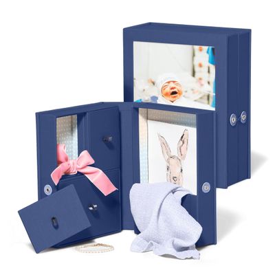 Savor Small Keepsake Box and Fabric Photo Frame - Memory Box for Wedding, Travel and Convocation - Keepsake Storage Box for Couples to Save Memories (Blue with Coral Interior)
