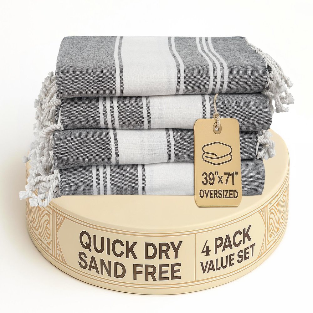 LANE LINEN Beach Towels 4 Pack Oversized - Turkish Towel Set, Pre-Washed Oversized Beach Towel, Quick Dry Beach Towels for Travel, Large Pool Towels, 39"x71" - Smoky Black