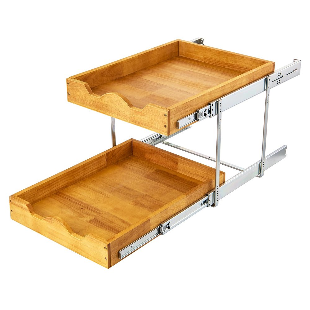 DINDON 2 Tier Pull Out Cabinet Organizer (17" W x 21" D) Wood And Metal Double Tier Slide Out Wood Drawer Under Cabinet Storage And Organization
