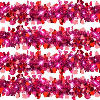 Kajaia 65.6 Feet St Patrick's Day Tinsel Garland with Lights Red Heart St Patrick's Day Tinsel Garland for Mantle Wedding Party Favor Indoor Outdoor Decoration Supply(Pink, Red)