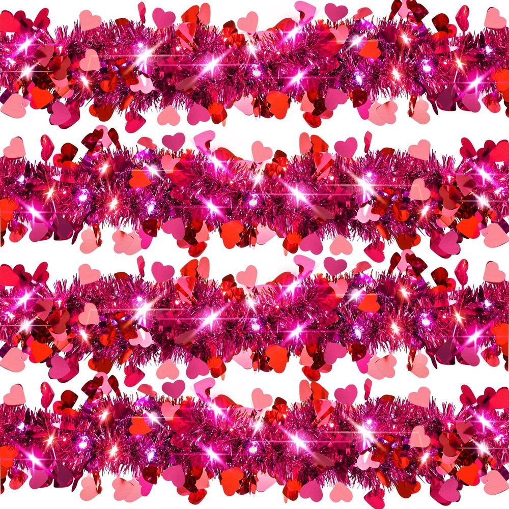 Kajaia 65.6 Feet St Patrick's Day Tinsel Garland with Lights Red Heart St Patrick's Day Tinsel Garland for Mantle Wedding Party Favor Indoor Outdoor Decoration Supply(Pink, Red)