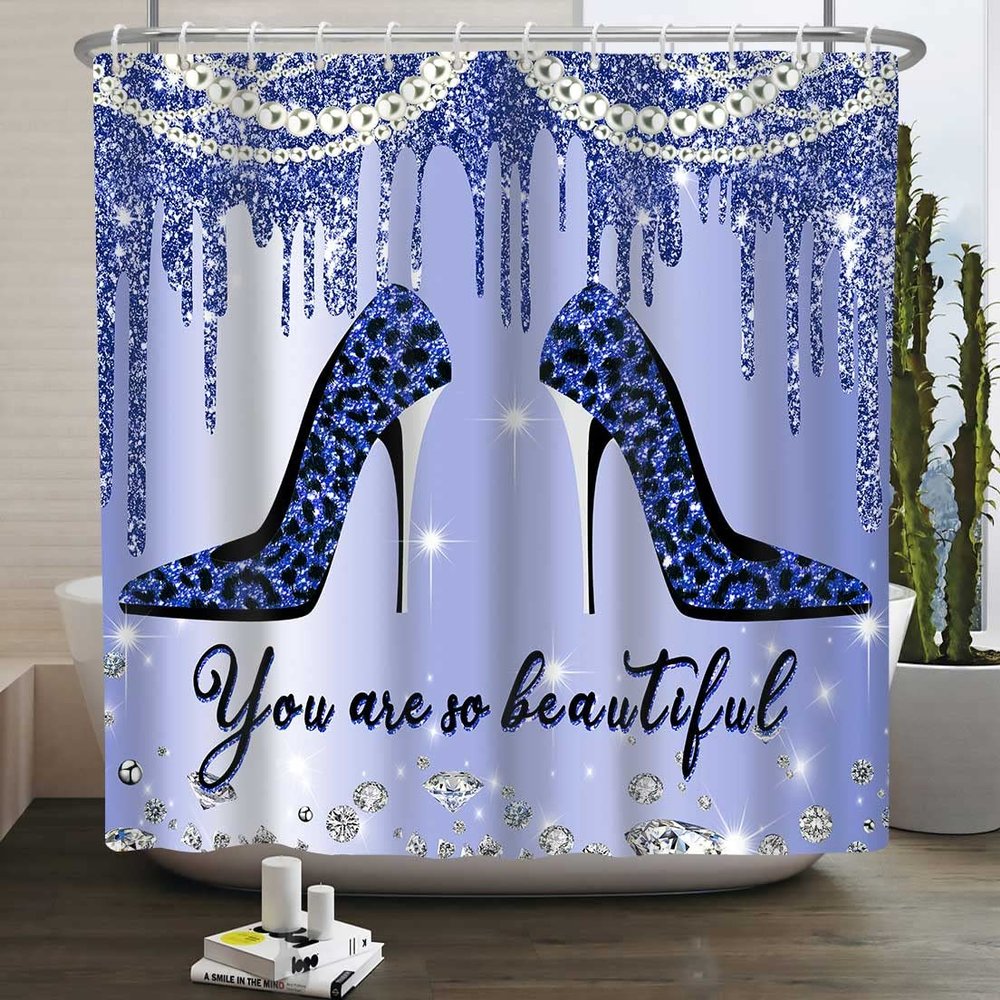 NTETSN High Heels Shower Curtain 3D Printed Diamond Blue Twinkle Drips (No Glitter) Bath Curtain Glam Woman Girl Bathroom Dcor 72x72 Inch Polyester Fabric Bathroom Curtain with 12 Hooks YLZYNT311