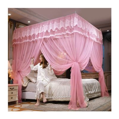 4 Corner Post Bed Canopy, Princess Room Bed Curtain Canopy Mosquito Net, Twin Queen King Bedroom Decor (Color : Pink, Size : 120X200cm/47X79inch)