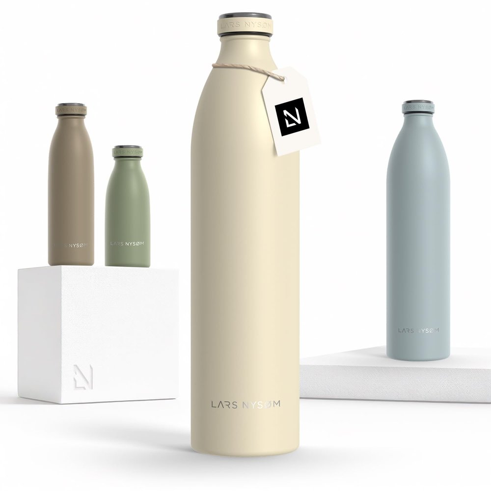 LARS NYSM Stainless Steel Insulated XL Water Bottle 12oz 17oz 25oz 34oz 51oz | Insulated Thermo Flask for Hot and Cold Beverages | Leakproof Drinking Bottle (Almond Beige, XL 50.7oz)