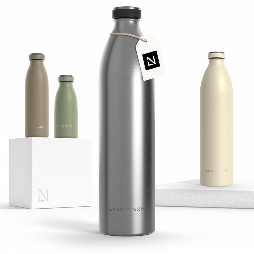 LARS NYSM Stainless Steel Insulated XL Water Bottle 12oz 17oz 25oz 34oz 51oz | Insulated Thermo Flask for Hot and Cold Beverages | Leakproof Drinking Bottle (Stainless Steel, XL 50.7oz)