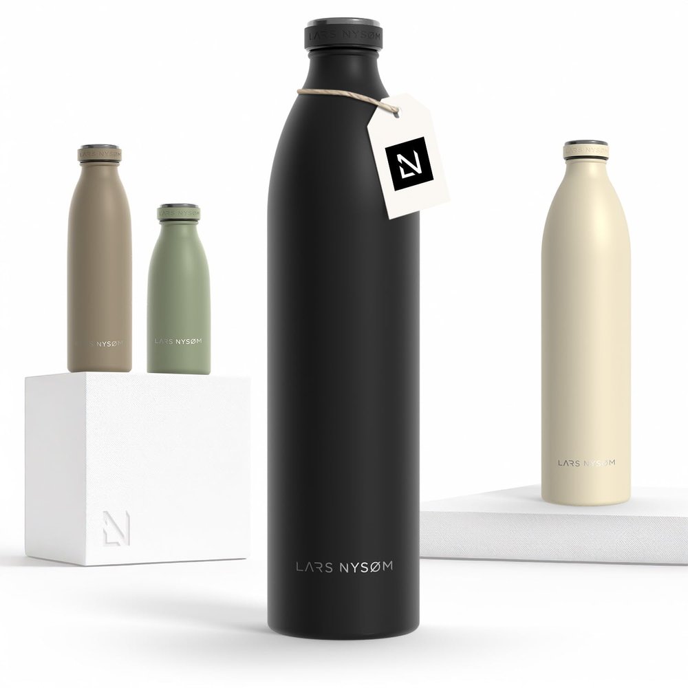 LARS NYSM Stainless Steel Insulated XL Water Bottle 12oz 17oz 25oz 34oz 51oz | Insulated Thermo Flask for Hot and Cold Beverages | Leakproof Drinking Bottle (Carbon Black, XL 50.7oz)