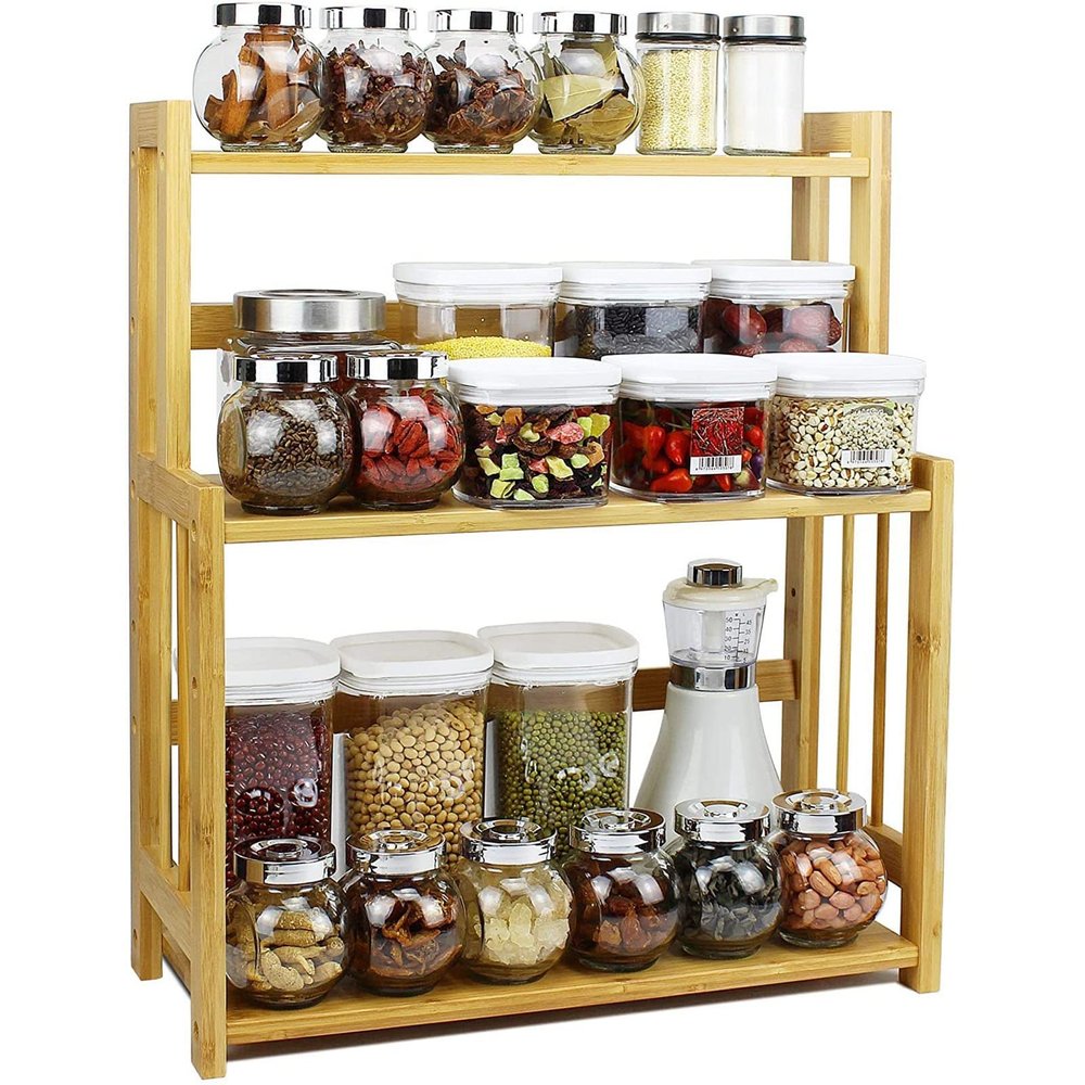 GUODDM Solid Wood Desktop Bookshelf - 3 Tier Kitchen Condiment Rack, Cosmetic Storage Rack, Living Room Display Stand, Desk Desktop Simple Bookshelf, Easy to Assemble