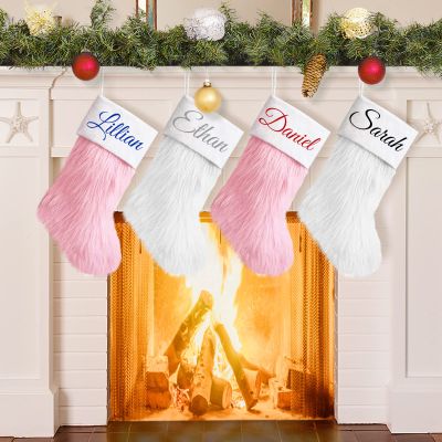 Amidaky Christmas Stockings Personalized Pink and White Fur 6 Pack Large Customized Xmas Stocking for Family Party Decoration