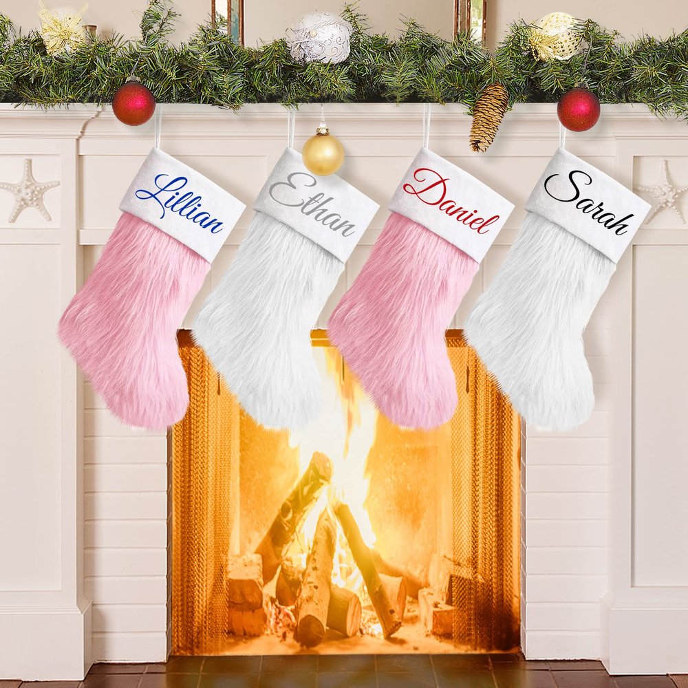 Amidaky Christmas Stockings Personalized Pink and White Fur 6 Pack Large Customized Xmas Stocking for Family Party Decoration