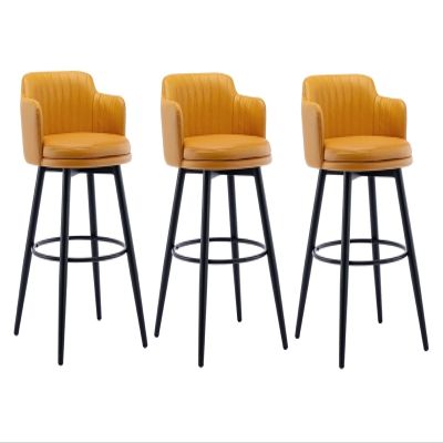 26 Inch High Barstools Swivel Bar Stools Set of 3 with Low Back Kitchen Island Bar Chair, Counter Height with Arms, Nappa Leather Pedal Chrome Upholstered Seat, for Bars, Breakfast, Lounge, Pubs