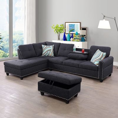 GEBADOL 97" Wide Rivet Designed L-Shaped Sofa Set 3 Pieces Linen Fabric Couch and Chaise with Extra Storage Ottoman for Living Room/Office/Apartment (Left-Hand Facing, Black Grey)