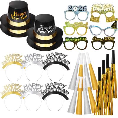 Sratte 36 Pcs 2026 New Year Eve Party Supplies Kit, New Year Eve Party Decorations 4 Colored Hats 6 Eyeglasses 6 Top Tiaras 8 Blowing Horns 12 Squawkers