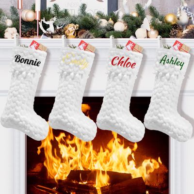 DegGod 6 Pack Custom Christmas Stockings with Names, 20 inches Personalized Printed Faux Fur White Xmas Stockings with White Heart Hanging Ornaments for Xmas Tree Party Decoration