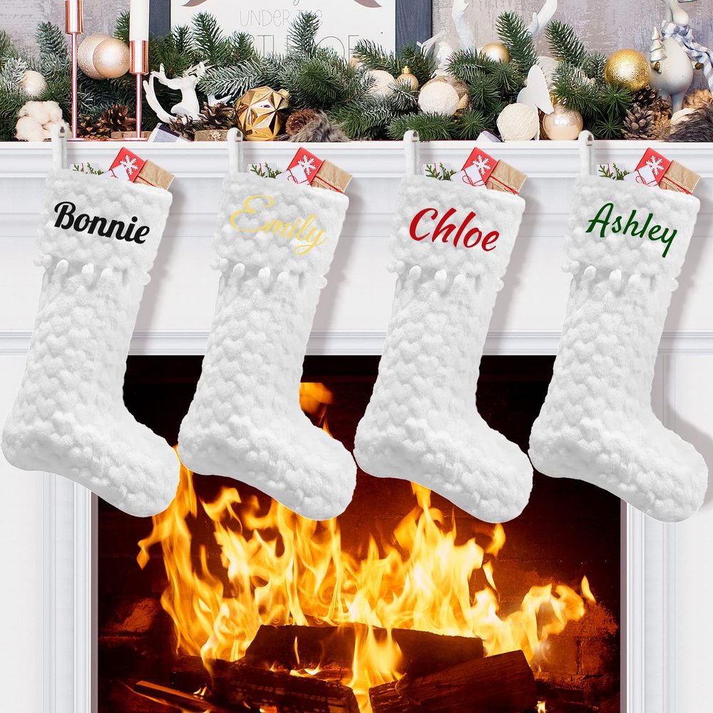 DegGod 6 Pack Custom Christmas Stockings with Names, 20 inches Personalized Printed Faux Fur White Xmas Stockings with White Heart Hanging Ornaments for Xmas Tree Party Decoration