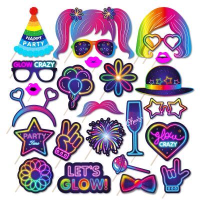 25pcs Glow Neon Photo Booth Props with Stick, Photo Props for Birthday Let's Glow Themed Neon Glow in The Dark Disco Black Light Party Decoration Supplies