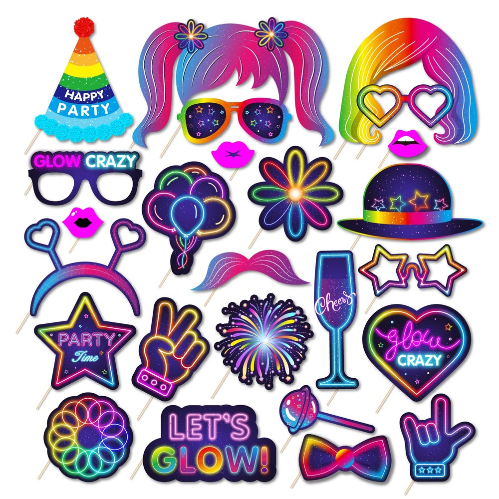 25pcs Glow Neon Photo Booth Props with Stick, Photo Props for Birthday Let's Glow Themed Neon Glow in The Dark Disco Black Light Party Decoration Supplies