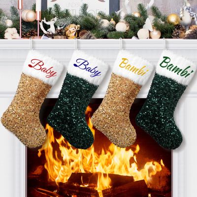 DegGod 6 Pack Sequin Personalized Christmas Stockings, Gold or Green Glitter Custom Embroidery Xmas Stocking with White Faux Fur Trim Hanging Ornament for Fireplace Xmas Tree Holiday Party Decoration