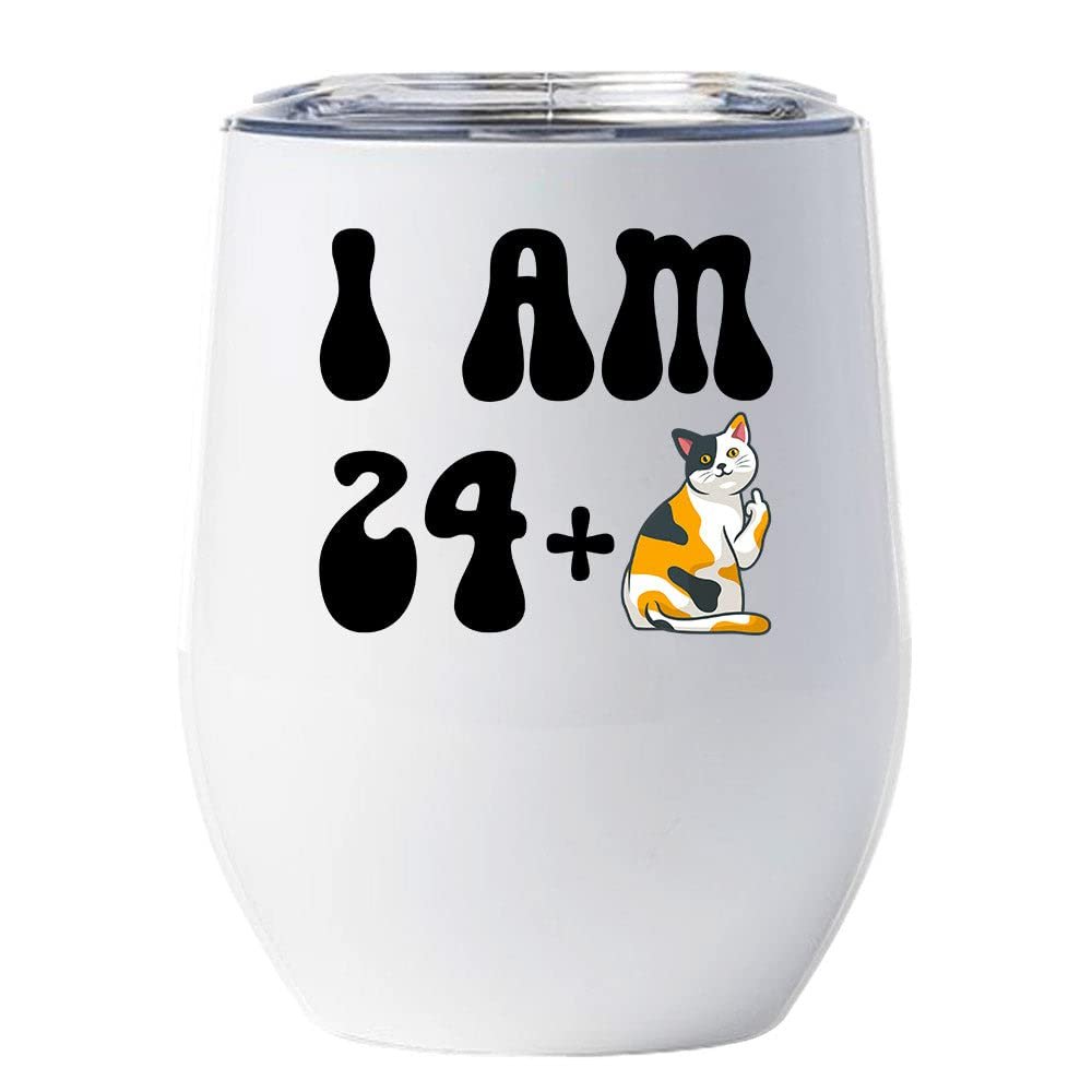 25 Birthday Tumbler 12oz With Lid Gift For Women - 24 Plus One Cat Middle Finger Funny Wine Glass Mug - 25th Bday Coffe Cup Stainless Steel - I Turn 25 Year Old Cute Cats Lover Tumblers Chritmas