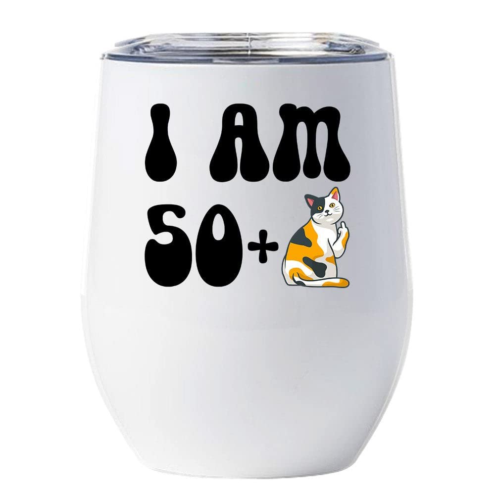 51 Birthday Tumbler 12oz With Lid Gift For Women - 50 Plus One Cat Middle Finger Funny Wine Glass Mug - 51th Bday Coffe Cup Stainless Steel - I Turn 51 Year Old Cute Cats Lover Tumblers Chritmas