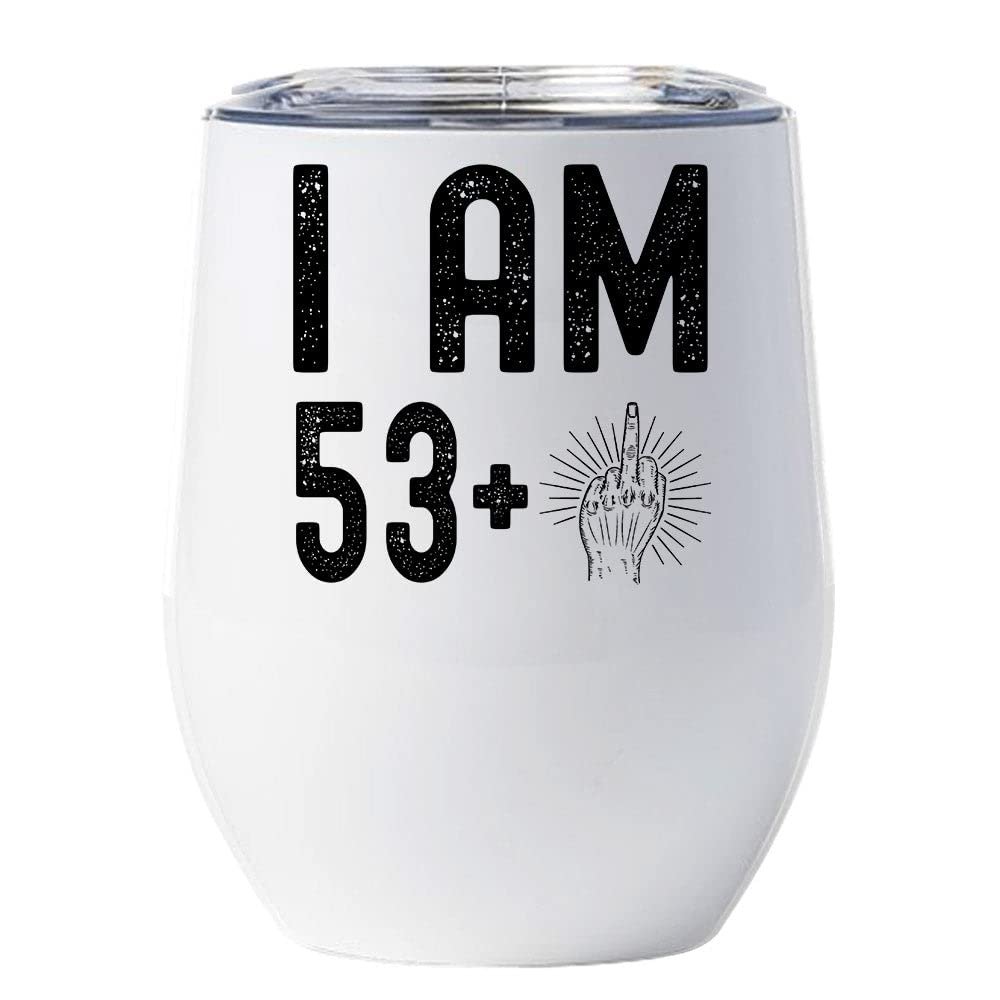 54 Birthday Tumbler 12oz With Lid Gift For Women, Men - 53 Plus One Middle Finger Vintage Wine Glass Mug - 54th Bday Coffe Cup Stainless Steel - I Turn 54 Year Old Retro Style Tumblers Chritmas