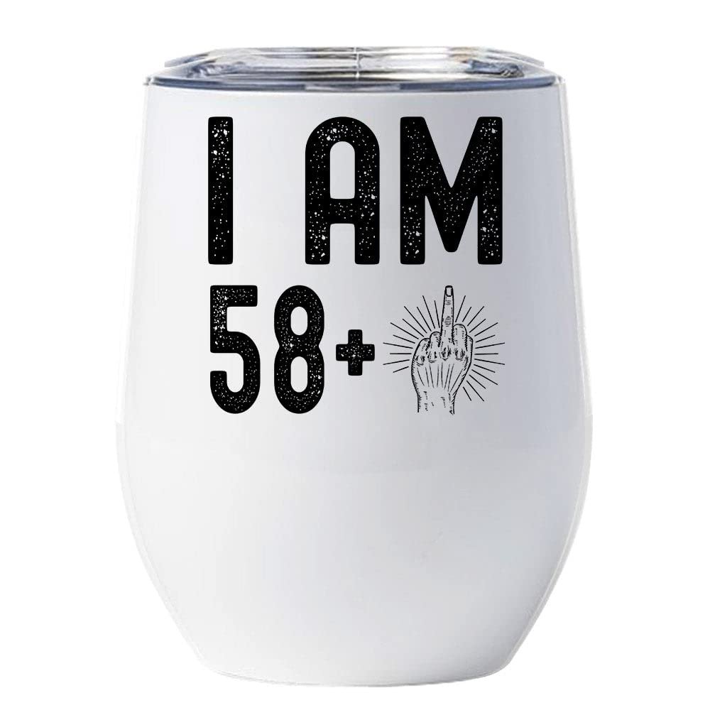59 Birthday Tumbler 12oz With Lid Gift For Women, Men - 58 Plus One Middle Finger Vintage Wine Glass Mug - 59th Bday Coffe Cup Stainless Steel - I Turn 59 Year Old Retro Style Tumblers Chritmas
