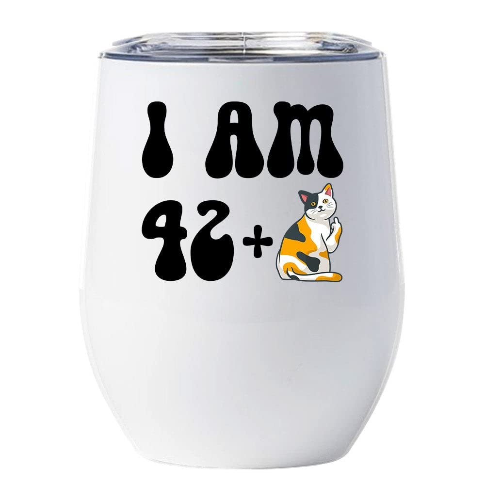 43 Birthday Tumbler 12oz With Lid Gift For Women - 42 Plus One Cat Middle Finger Funny Wine Glass Mug - 43th Bday Coffe Cup Stainless Steel - I Turn 43 Year Old Cute Cats Lover Tumblers Chritmas