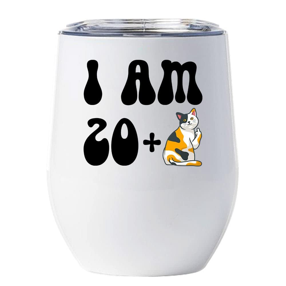 21 Birthday Tumbler 12oz With Lid Gift For Women - 20 Plus One Cat Middle Finger Funny Wine Glass Mug - 21th Bday Coffe Cup Stainless Steel - I Turn 21 Year Old Cute Cats Lover Tumblers Chritmas