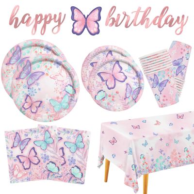 Butterfly Birthday Party Supplies Disposable Paper Plates Napkins Cups Tablecloth and Banner for Butterfly Girl Party Birthday Decorations, Serve 25