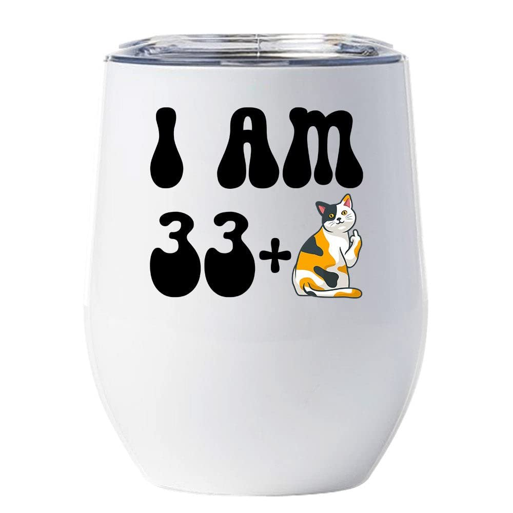 34 Birthday Tumbler 12oz With Lid Gift For Women - 33 Plus One Cat Middle Finger Funny Wine Glass Mug - 34th Bday Coffe Cup Stainless Steel - I Turn 34 Year Old Cute Cats Lover Tumblers Chritmas