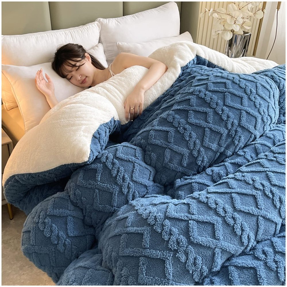 ZTGL 3-5 Kg Super Warm Lamb Solid Color Winter Blanket Double-Sided Fleece Quilt Thickened Warm Plush Quilt for Cold Weather,Blue,180x220cm/3.5kg