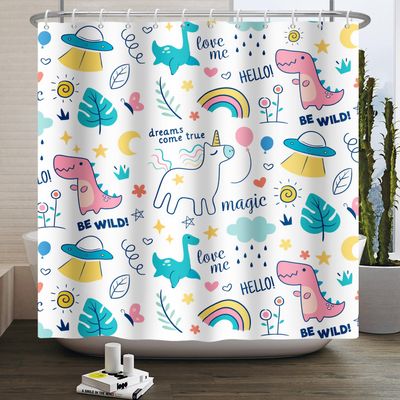 Umpoo Dreamy Theme Bathroom Shower Curtain Cartoon Dino Dinosaur Rainbow Magical Shower Curtain with Hooks Waterproof Fabric Polyester Shower Curtain for Kids Girls Bath Decorative, 72x96 Inch