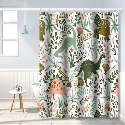 Umpoo Dinosaur Themed Bathroom Shower Curtain - Green Dino Tropical Leaves with Hooks, Waterproof Polyester Fabric, 60x72 Inch