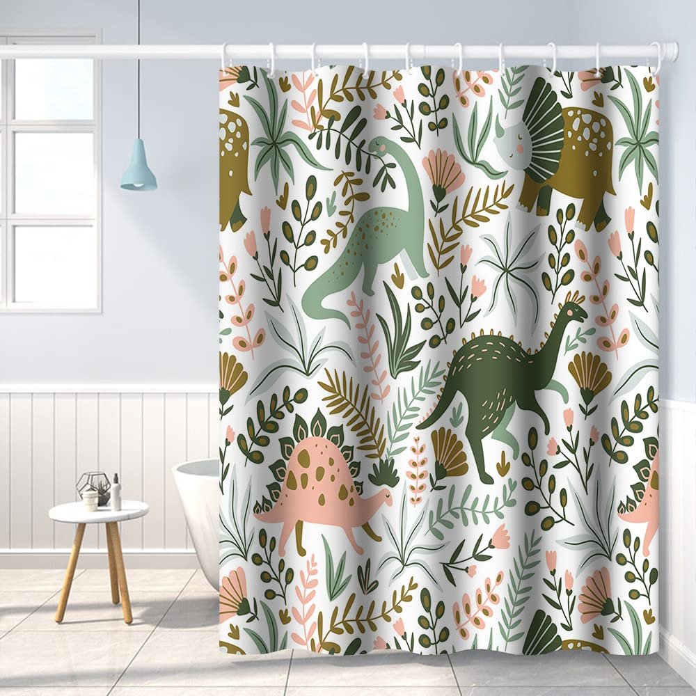 Umpoo Dinosaur Themed Bathroom Shower Curtain - Green Dino Tropical Leaves with Hooks, Waterproof Polyester Fabric, 60x72 Inch