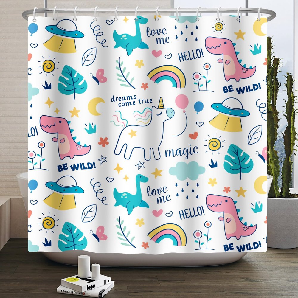 Umpoo Dreamy Theme Bathroom Dino Dinosaur Rainbow Magical Shower Curtain with Hooks, Waterproof Polyester Fabric, 72x78 Inch