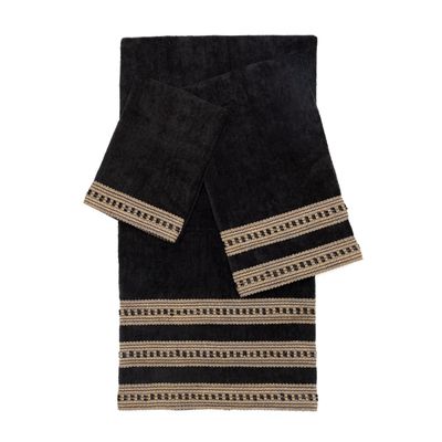 Austin Horn Classics Siena Fancy 3-Piece Decorative Towel Set, with Jacquard Fabric & Gimp Trim, Pure Cotton 1 Bath, Hand & Tip Towel, Extra Absorbent, Super Soft Bath Towels (Black)