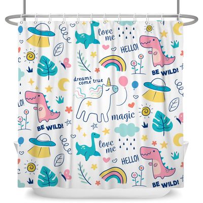 Umpoo Dreamy Theme Bathroom Shower Curtain Cartoon Dino Dinosaur Rainbow Magical Shower Curtain with Hooks Waterproof Fabric Polyester Shower Curtain for Kids Girls Bath Decorative, 72x72 Inch