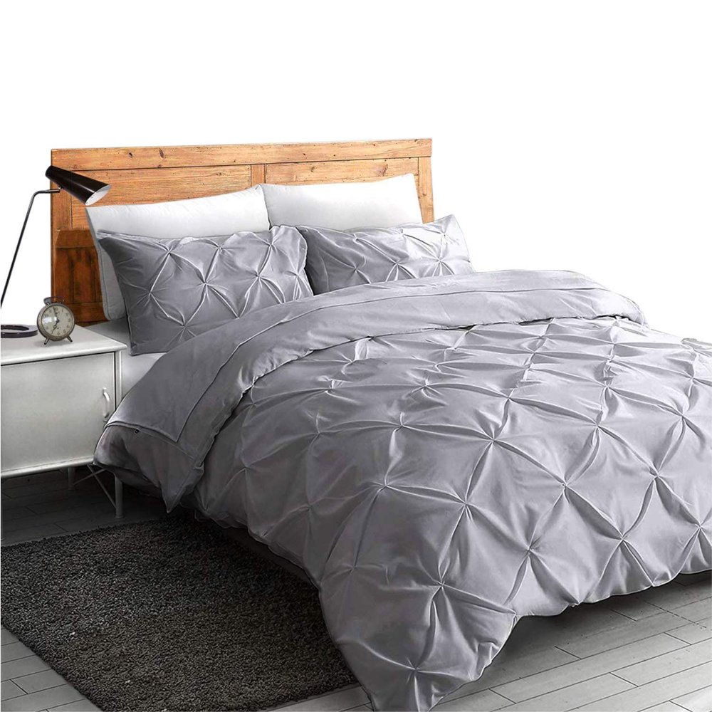 All Season Soft Luxurious Decorative Cotton Pintuck 3 Piece Oversized King Plus Duvet Cover Zipper & Corner Ties 2 Pillow Shams Light Grey Comforter Cover Oversized King Plus-128"x120"