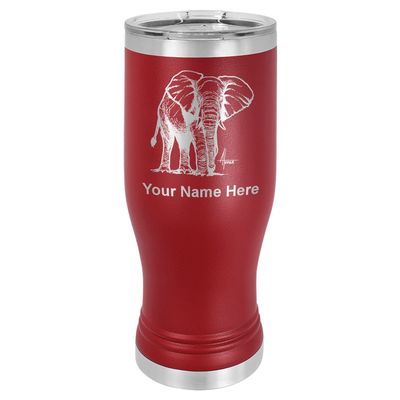 LaserGram 14oz Vacuum Insulated Pilsner Mug, African Elephant, Personalized Engraving Included (Maroon)