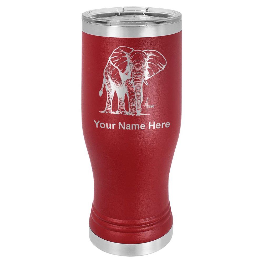 LaserGram 14oz Vacuum Insulated Pilsner Mug, African Elephant, Personalized Engraving Included (Maroon)