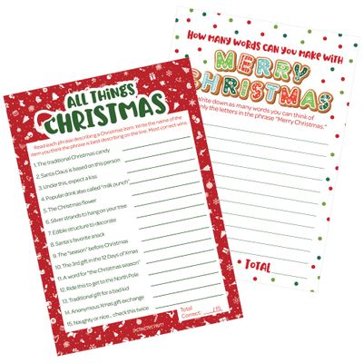 DISTINCTIVS Christmas Party Games, (2 Game Bundle) - All Things Christmas Trivia and Anagram Word Game - 25 Dual Sided Cards