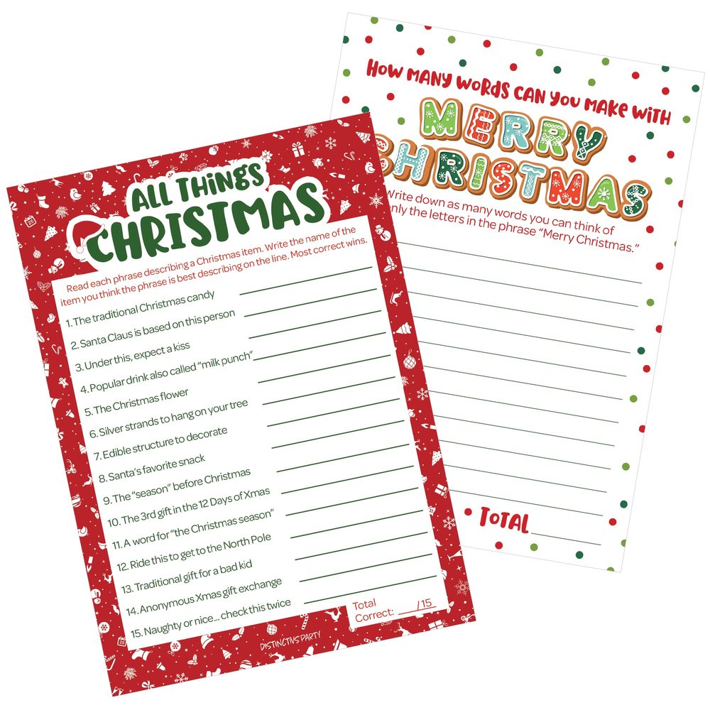 DISTINCTIVS Christmas Party Games, (2 Game Bundle) - All Things Christmas Trivia and Anagram Word Game - 25 Dual Sided Cards