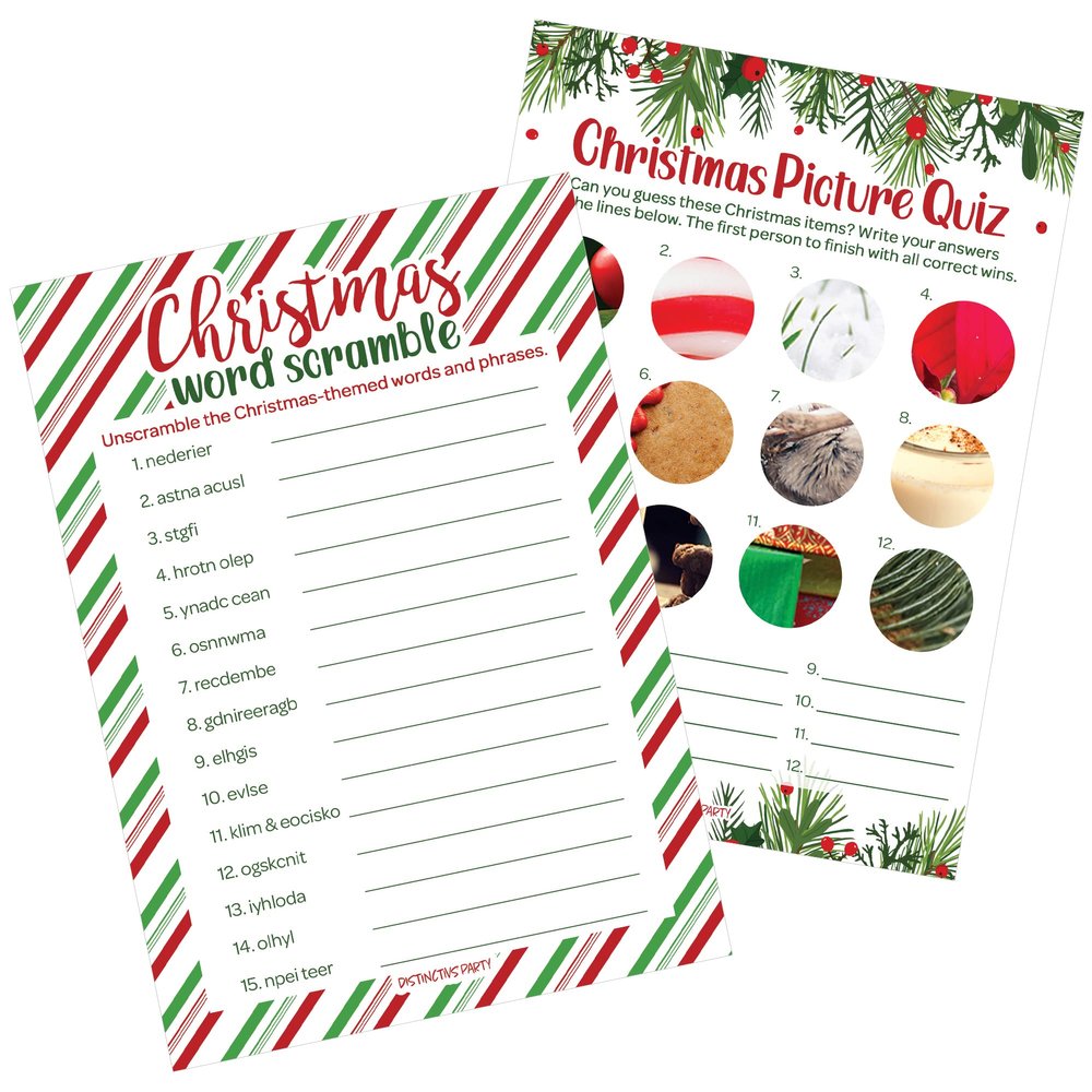 DISTINCTIVS Christmas Party Games, Festive Holiday Word Scramble and Christmas Picture Quiz (2 Game Bundle) - 25 Dual Sided Cards