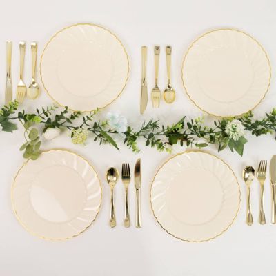 Efavormart 10-Pack 10" Ivory Vintage Plastic Dinner Plates with Gold Scalloped Swirl Rim, Elegant Heavy Duty Disposable Plates for Weddings, Bridal Showers, and Event Banquets