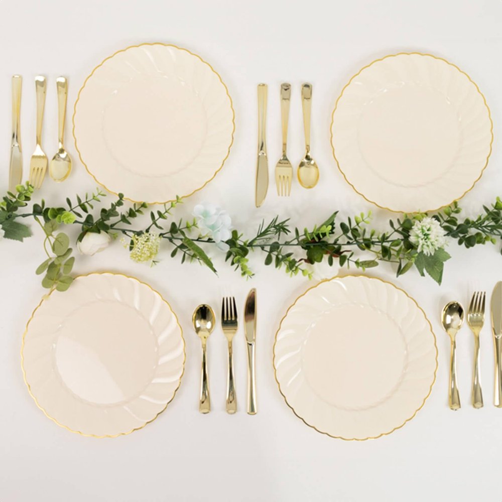 Efavormart 10-Pack 10" Ivory Vintage Plastic Dinner Plates with Gold Scalloped Swirl Rim, Elegant Heavy Duty Disposable Plates for Weddings, Bridal Showers, and Event Banquets