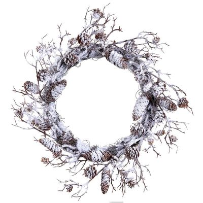 SilksAreForever 24" Flocked Artificial Plastic Pinecone & Twig Wreath -Brown/White (Pack of 2)
