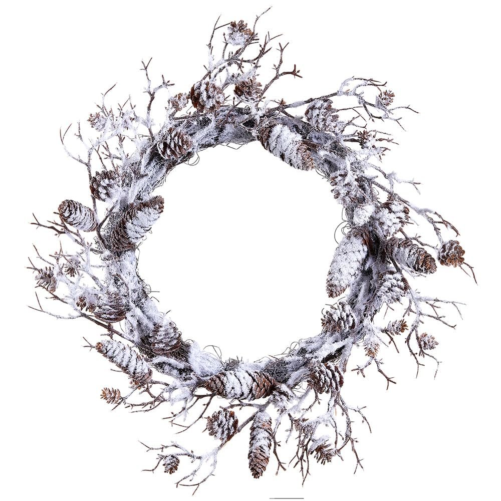 SilksAreForever 24" Flocked Artificial Plastic Pinecone & Twig Wreath -Brown/White (Pack of 2)