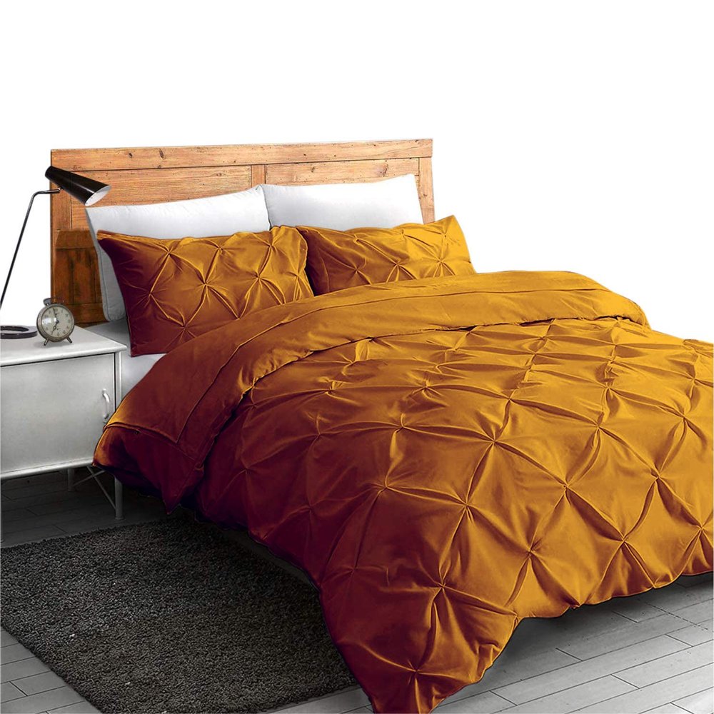 All Season Soft Luxurious Decorative Cotton Pintuck 5 Piece King Duvet Cover Zipper & Corner Ties 4 Pillow Shams Gold Comforter Cover King (90 x 106)