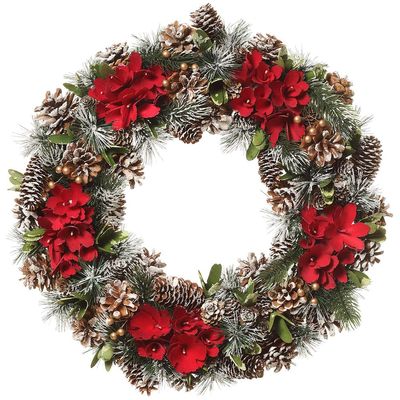 SilksAreForever 18.8" Flocked Artificial Pinecone, Berry & Wood Chip Flower Wreath -Red/Brown (Pack of 2)